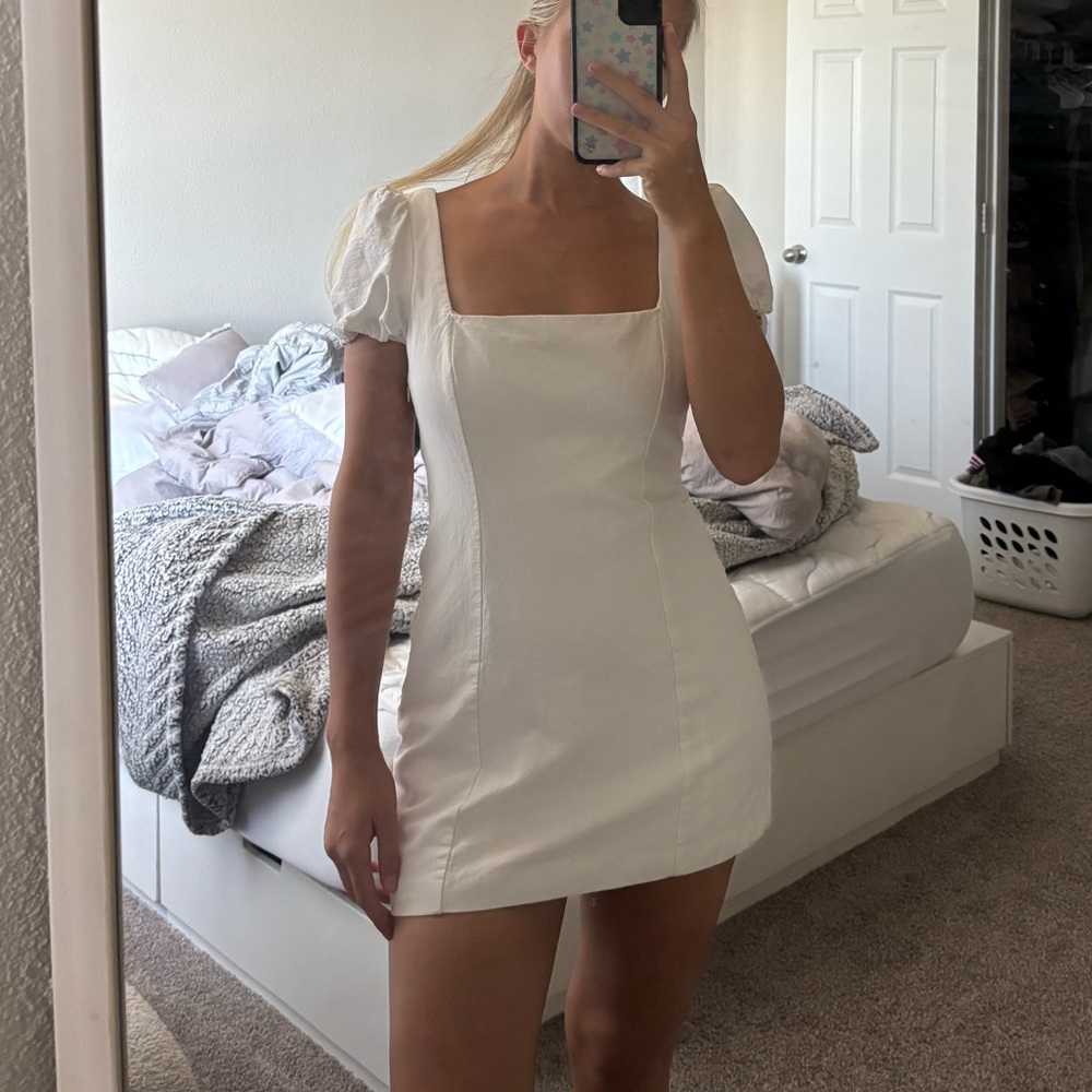 Zara White Mini Dress with Puff Sleeves